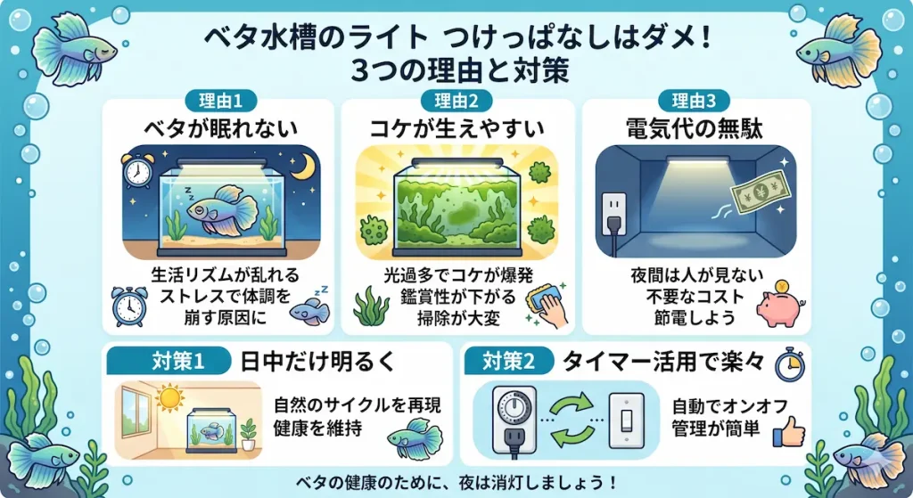 ベタ水槽のライトのつけっぱなし